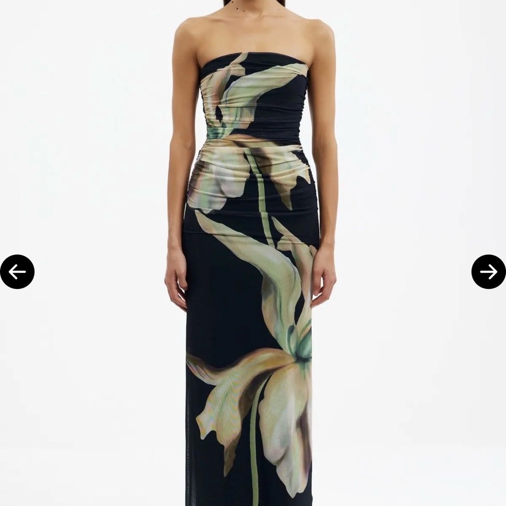 Strapless Black Floral Ruched Maxi Dress